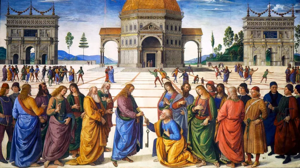 Cristo entrega las llaves del Reino de los Cielos a San Pedro en el fresco de Perugino de la Capilla Sixtina.