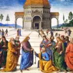 Cristo entrega las llaves del Reino de los Cielos a San Pedro en el fresco de Perugino de la Capilla Sixtina.