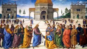 Cristo entrega las llaves del Reino de los Cielos a San Pedro en el fresco de Perugino de la Capilla Sixtina.