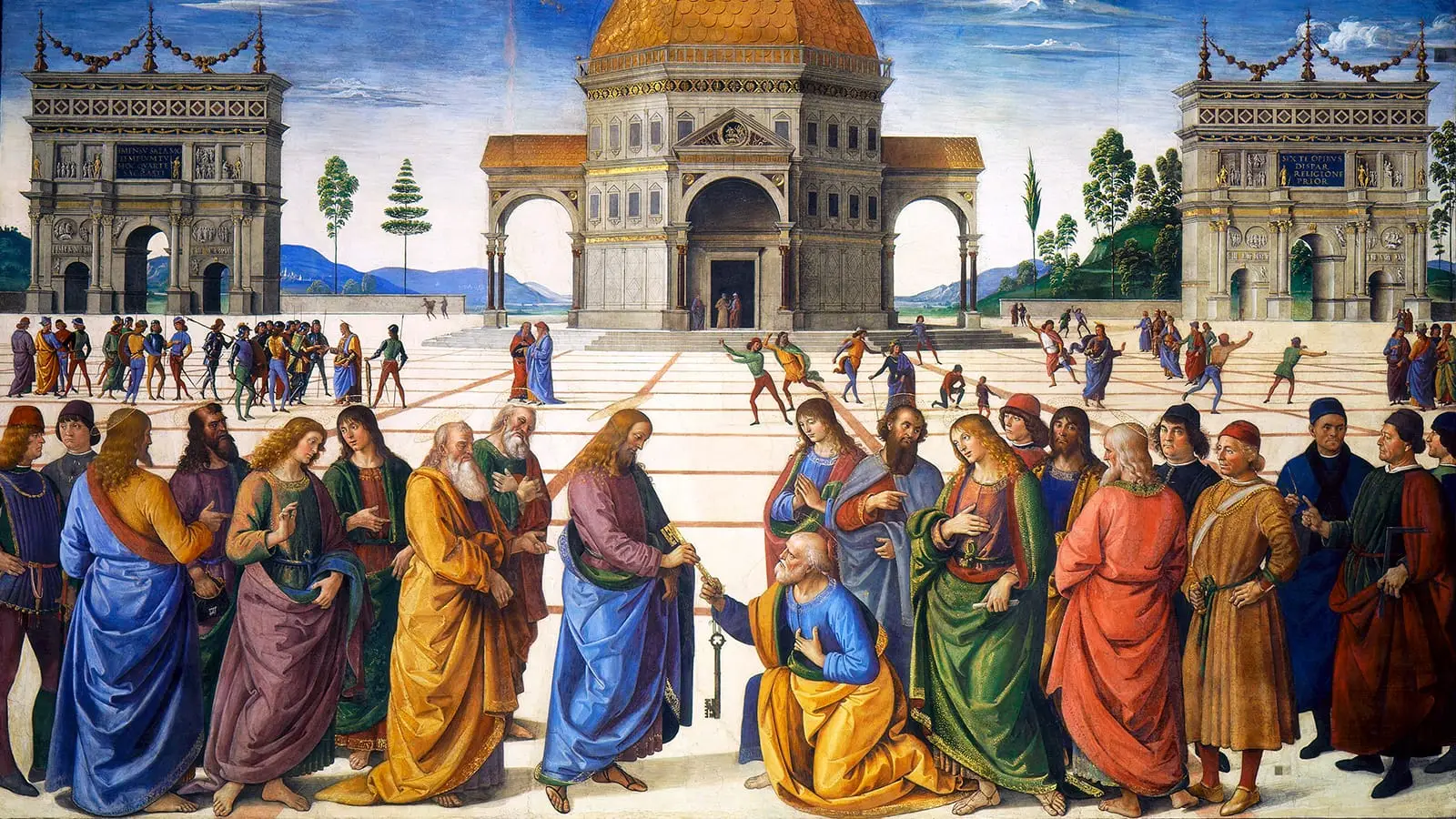 Cristo entrega las llaves del Reino de los Cielos a San Pedro en el fresco de Perugino de la Capilla Sixtina.