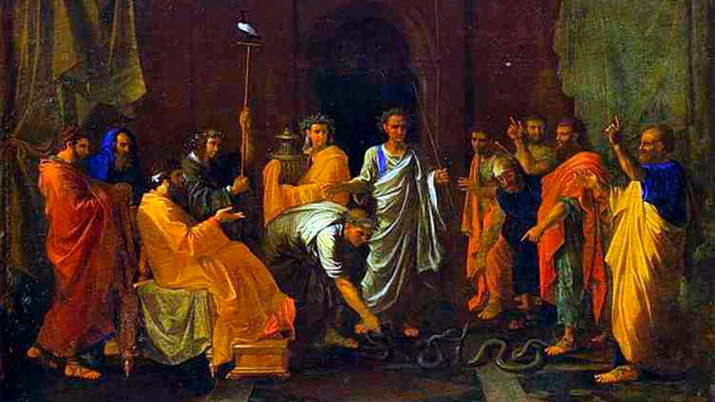 Moisés y Aarón ante el faraón con la vara transformada en serpiente, obra de Nicolas Poussin.