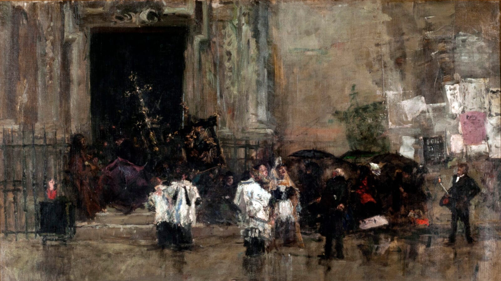 Procesión sorprendida por la lluvia (Mariano Fortuny): decisión y repliegue cuando el tiempo rompe el plan.
