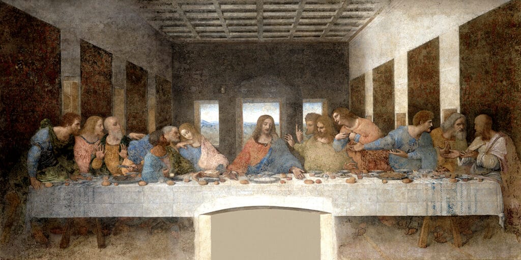 La Última Cena de Leonardo da Vinci, con Cristo y los apóstoles reunidos en torno a la mesa.