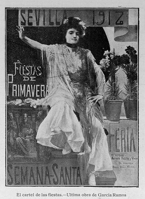Cartel festivo sevillano de comienzos del siglo XX con composición ilustrada en vertical.