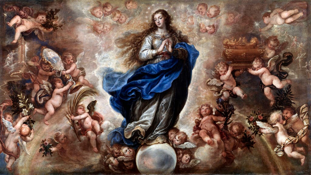 Inmaculada Concepción (Francisco Rizi), modelo mariano de gloria: luz, elevación y simbolismo celeste.