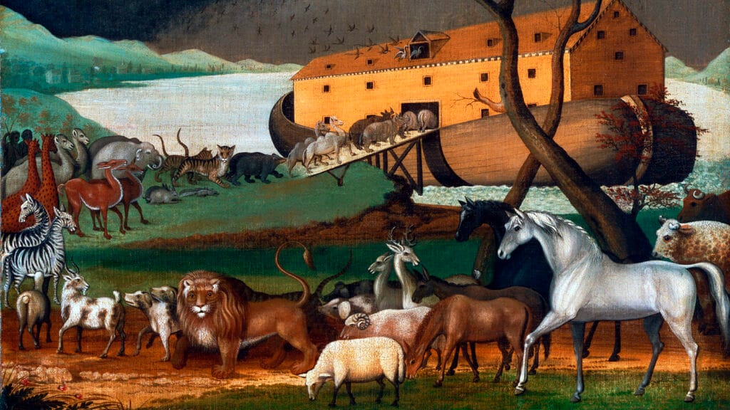 Representación pictórica del Arca de Noé con animales entrando en la nave antes del diluvio.