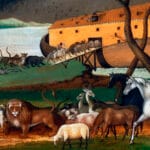Representación pictórica del Arca de Noé con animales entrando en la nave antes del diluvio.