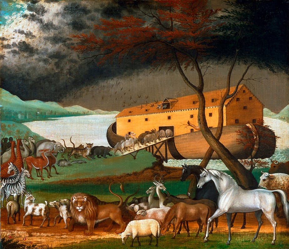 Representación pictórica del Arca de Noé con animales entrando en la nave antes del diluvio.