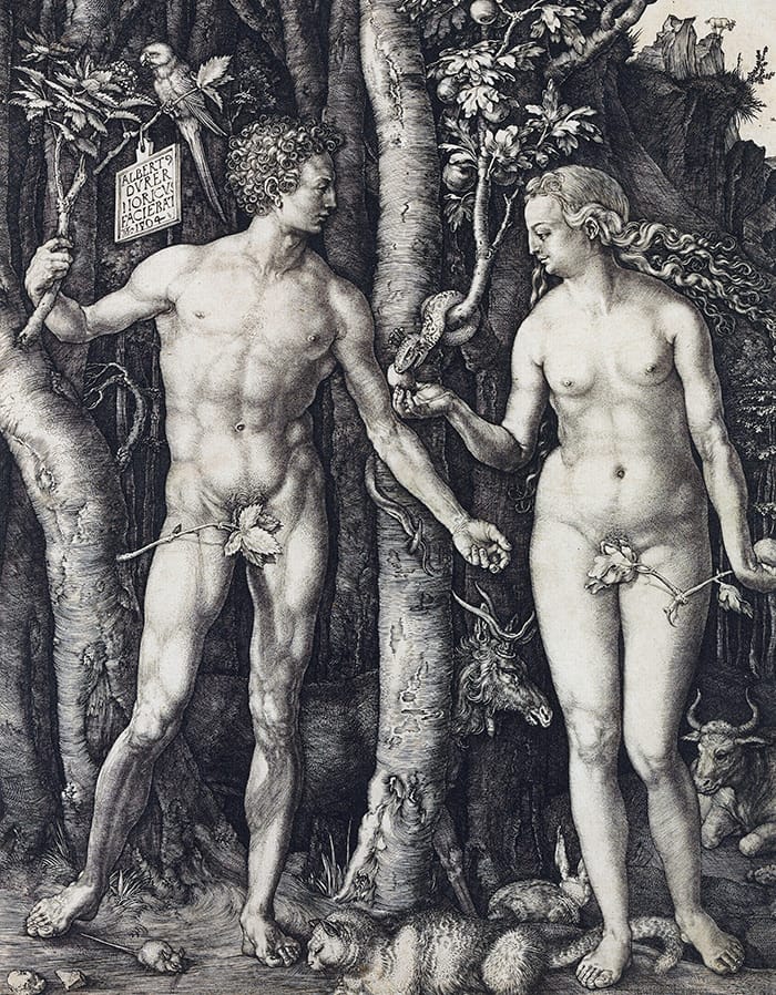 Grabado o representación de Adán y Eva de Albrecht Dürer con el fruto prohibido y la serpiente.