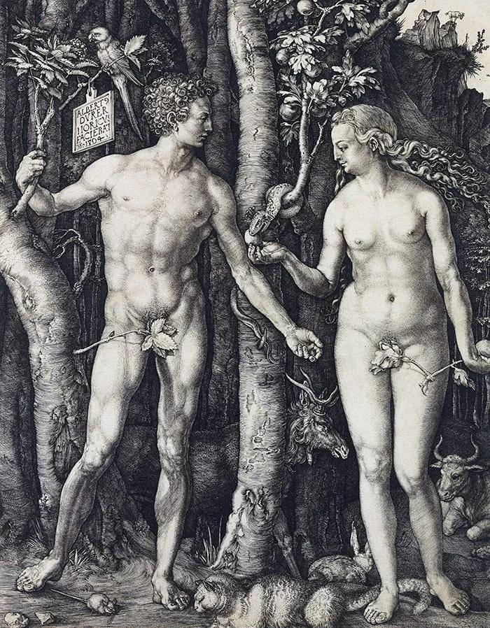 Grabado o representación de Adán y Eva de Albrecht Dürer con el fruto prohibido y la serpiente.
