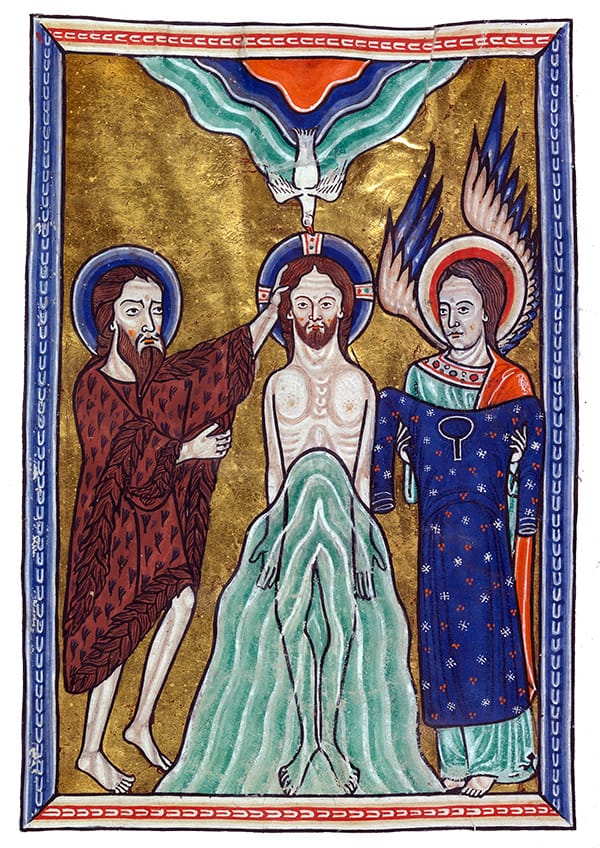 San Juan Bautista bautiza a Jesús en el Jordán en una iluminación medieval.