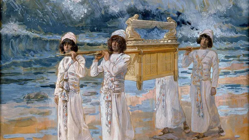 El Arca de la Alianza cruza el Jordán portada por sacerdotes, obra de James Tissot.