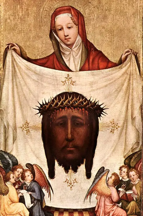 Santa Verónica sosteniendo el paño con el rostro de Cristo en una pintura medieval.