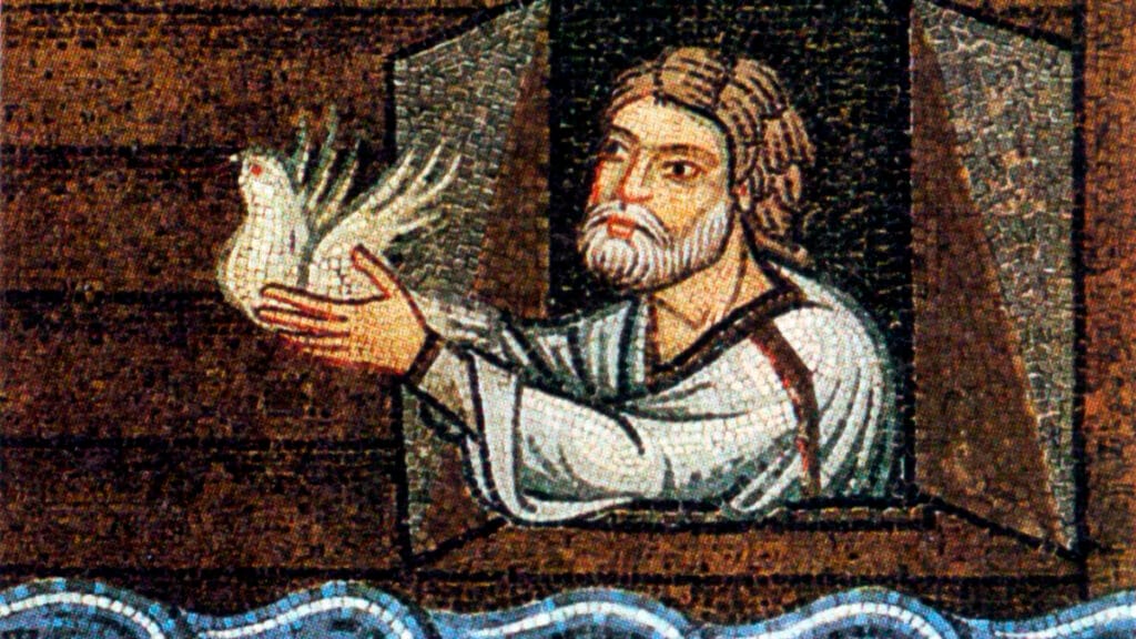 Mosaico medieval de Noé en el arca sosteniendo una paloma sobre las aguas.
