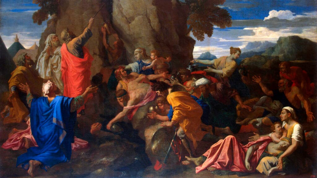 Moisés golpea la roca para hacer brotar agua en el desierto, pintura de Nicolas Poussin.