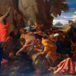 Moisés golpea la roca para hacer brotar agua en el desierto, pintura de Nicolas Poussin.