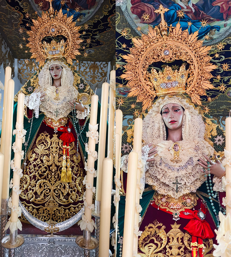 Nuestra Señora del Valle vestida para la salida extraordinaria, con corona dorada, encajes claros y saya bordada.
Primer plano de Nuestra Señora del Valle bajo palio, con encajes, corona, joyas y bordados visibles.