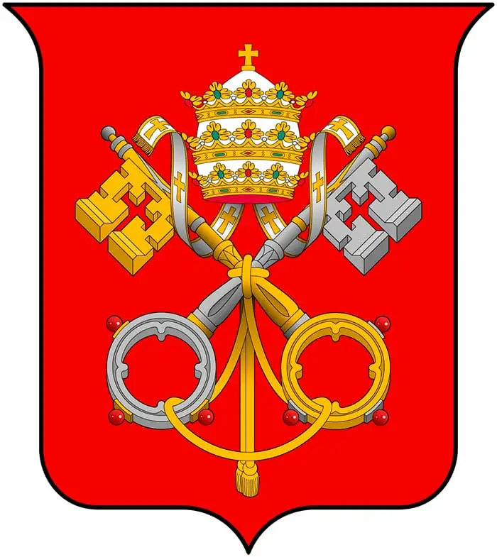 Escudo de la Santa Sede con las llaves cruzadas de San Pedro y la tiara pontificia.