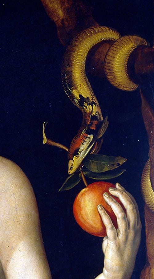 La serpiente ofrece la manzana a Eva.