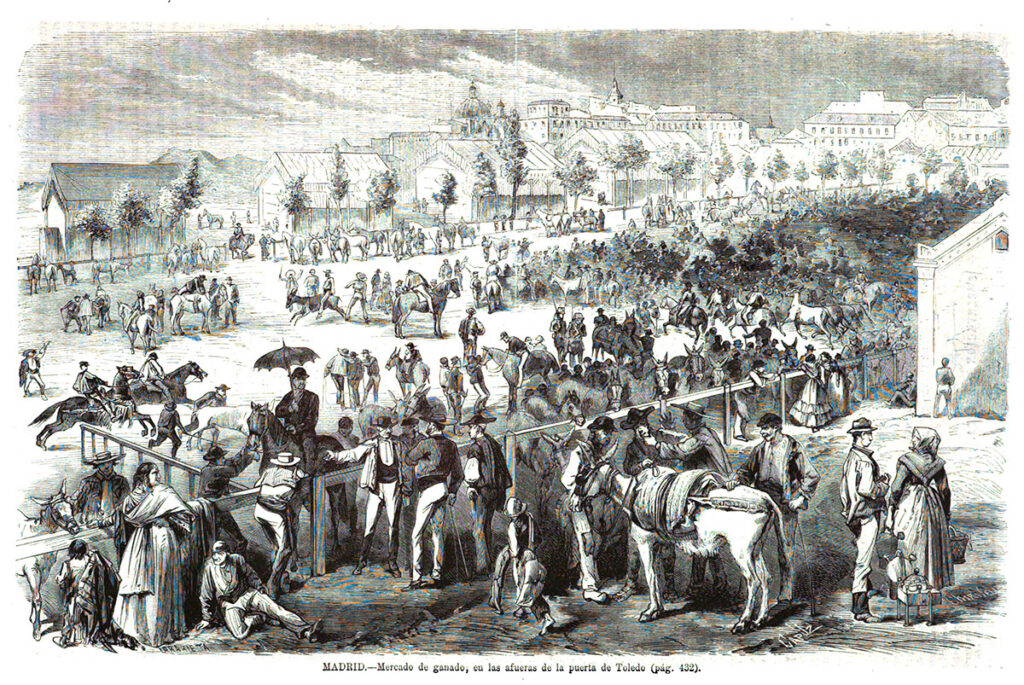 Mercado de ganado español en 1872 como referencia visual del mundo ganadero de la época