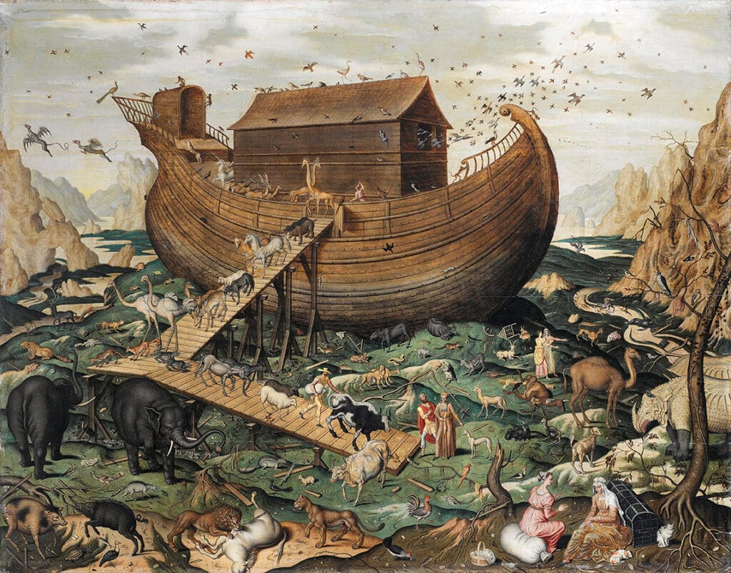 Pintura de Simon de Myle con el Arca de Noé detenida en un paisaje montañoso lleno de animales.