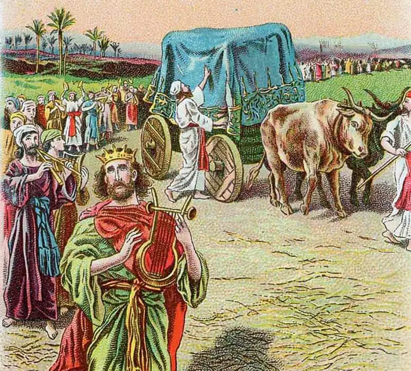 El Arca de la Alianza es llevada al Templo de Jerusalén en un carro de tirado por bueyes. 