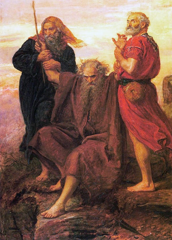 Moisés con la vara alzada sostenido por Aarón y Hur durante la batalla contra Amalec.
