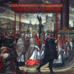 Pintura histórica en el Duomo de Milán con la procesión del Santo Chiodo (clavo venerado como reliquia de la Cruz).