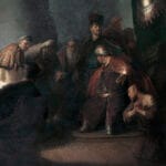 Judas, en gesto desesperado, devuelve las monedas mientras los sacerdotes lo rechazan; escena de tensión y culpa.