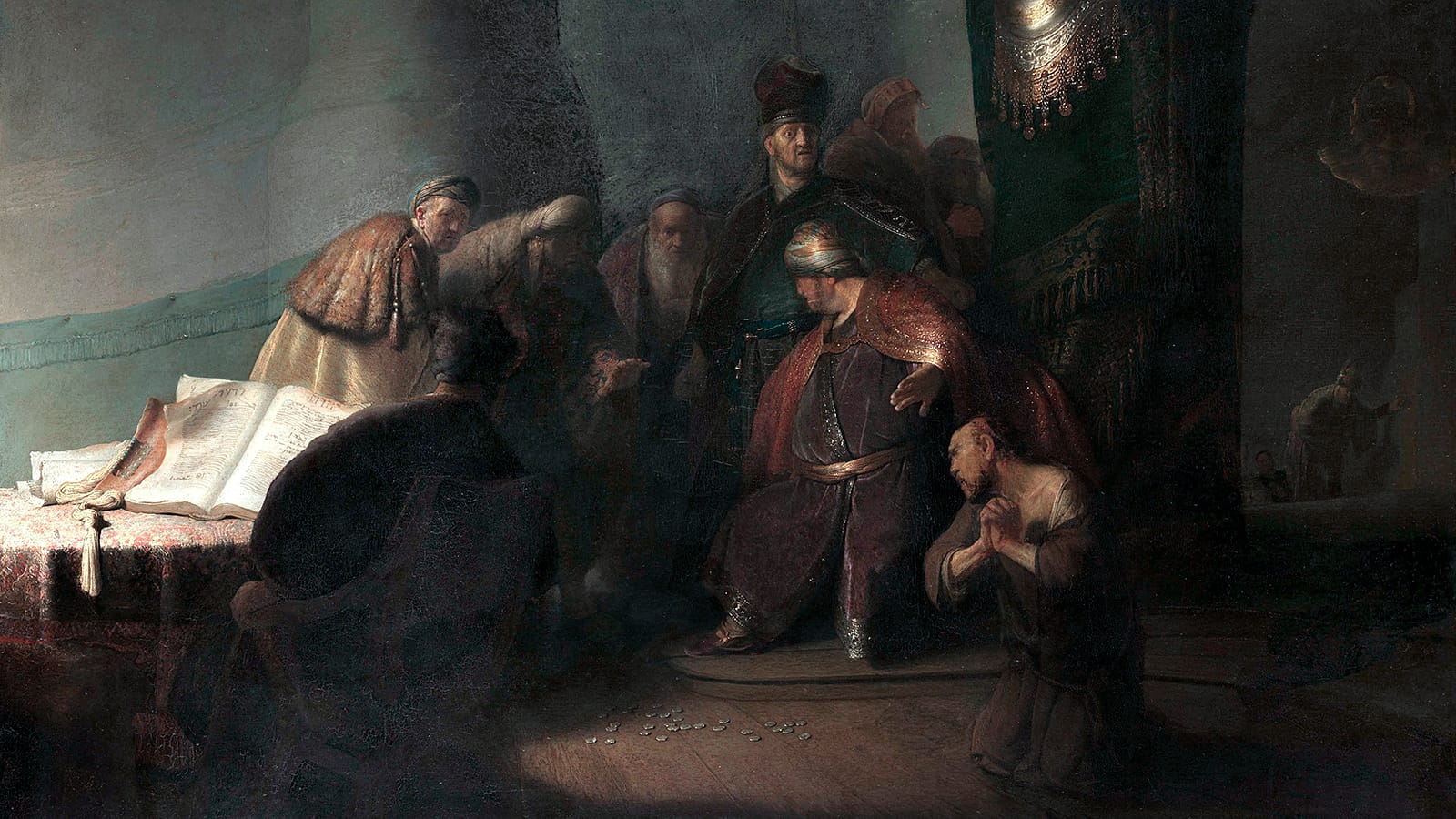 Judas, en gesto desesperado, devuelve las monedas mientras los sacerdotes lo rechazan; escena de tensión y culpa.