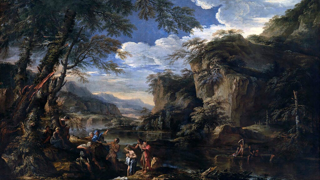 San Juan Bautista bautiza a Cristo en el río Jordán, pintura de Salvator Rosa.