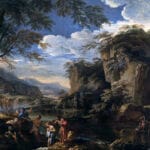 San Juan Bautista bautiza a Cristo en el río Jordán, pintura de Salvator Rosa.