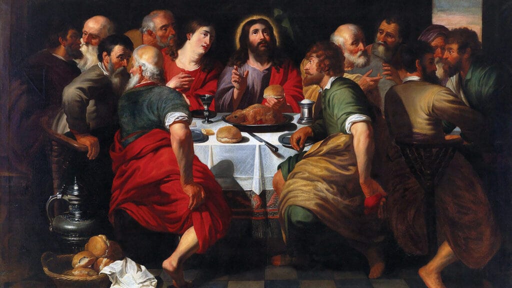 Representación pictórica de la Última Cena con Cristo y los apóstoles reunidos en torno a la mesa.