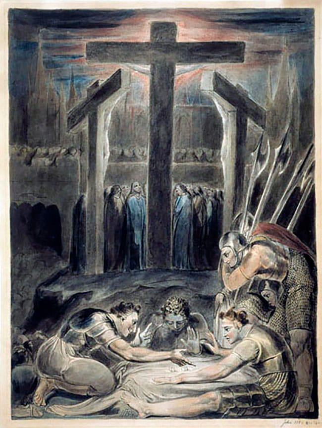Soldados romanos echando suertes sobre las vestiduras de Cristo, obra de William Blake.