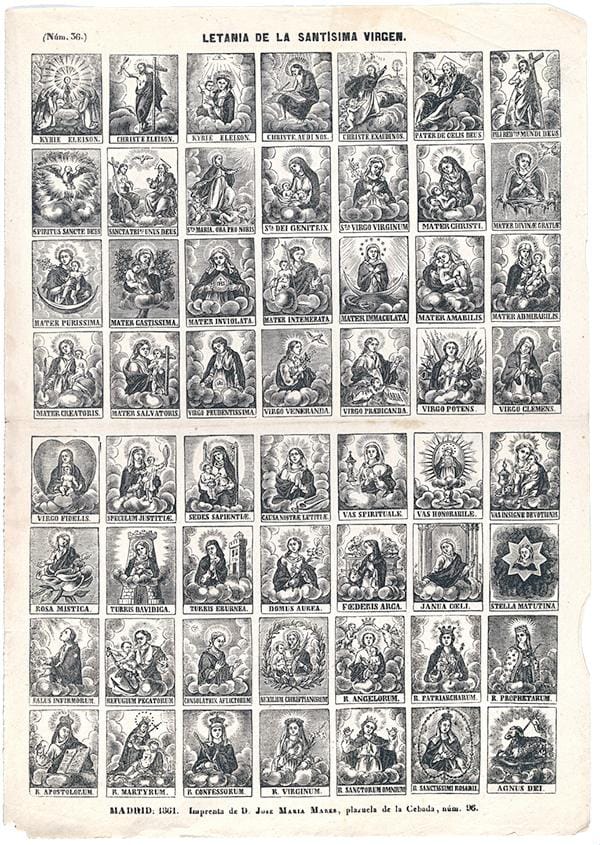 Estampa del siglo XIX con numerosas escenas simbólicas de la letanía de la Santísima Virgen.