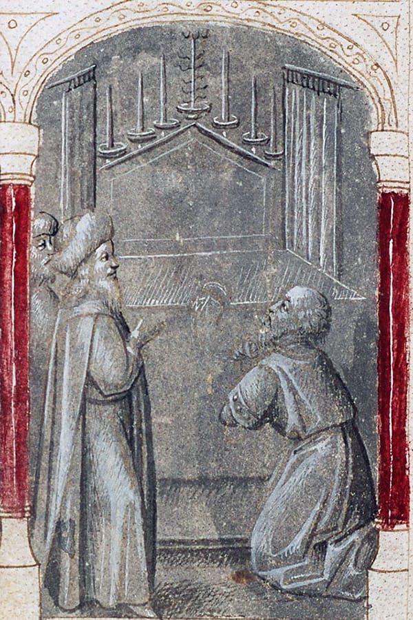 Miniatura medieval de la vara de Aarón brotada en una Biblia Pauperum.