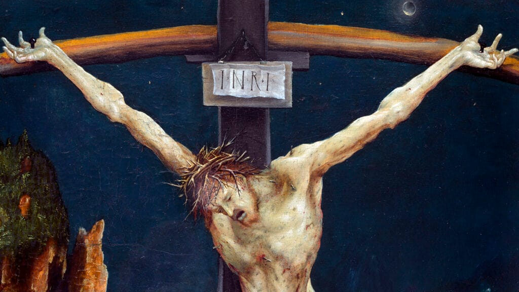 Detalle de la inscripción INRI en una Crucifixión de Matthias Grünewald