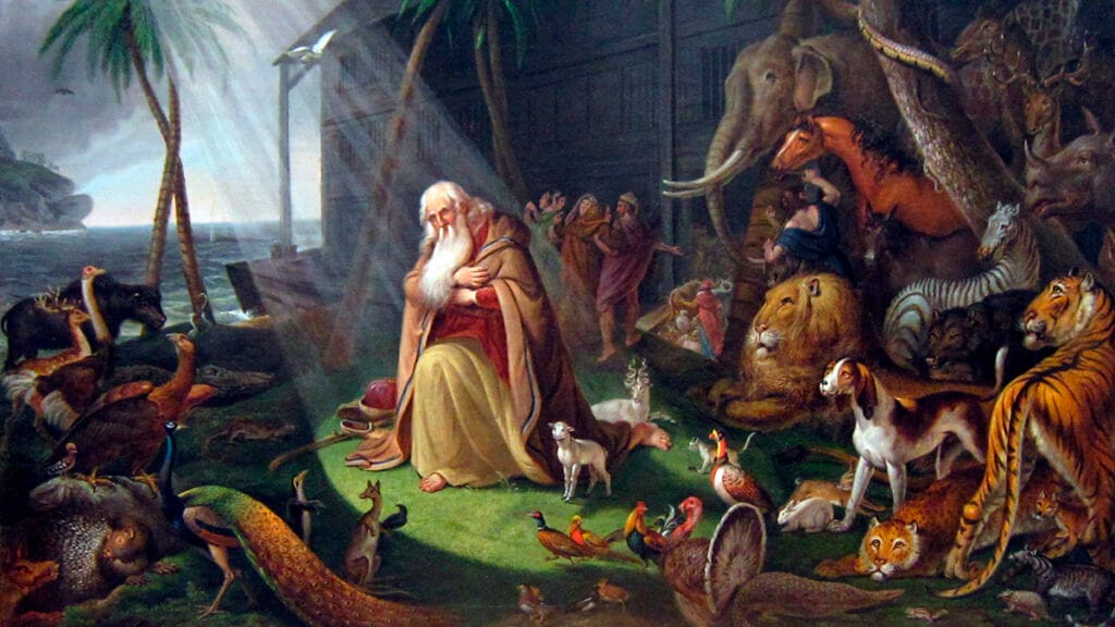 Noé arrodillado junto al arca mientras los animales se agrupan antes del diluvio.