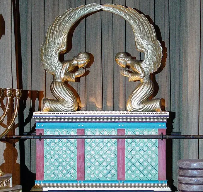 Modelo moderno del Arca de la Alianza con querubines y varales, inspirado en la descripción del Éxodo.