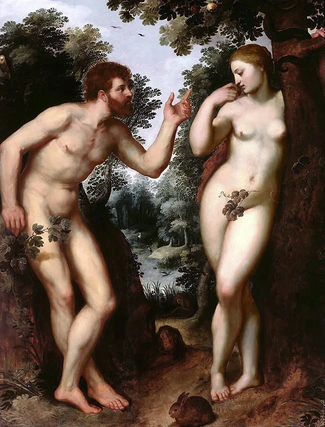 Adán y Eva ante el árbol del conocimiento y la serpiente en el Jardín del Edén.