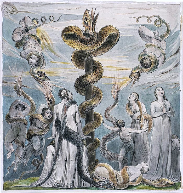 Moisés levanta la serpiente de bronce en el desierto, obra atribuida a William Blake.