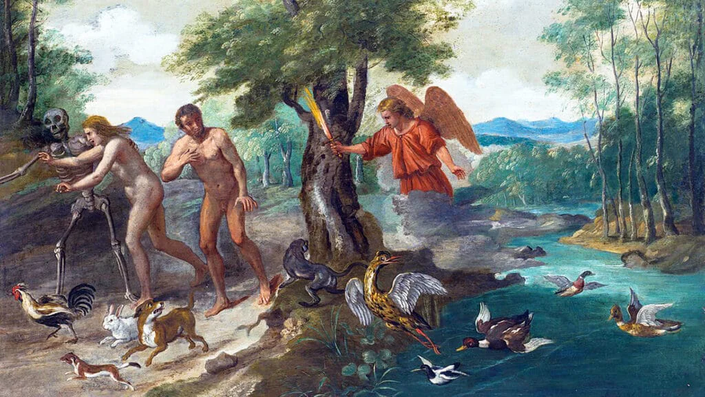 Adán y Eva expulsados del Jardín del Edén tras comer el fruto prohibido.