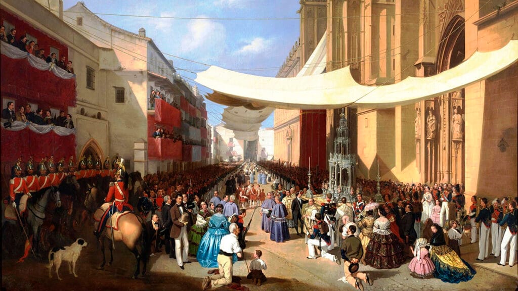 Pintura del siglo XIX que representa la procesión del Corpus Christi en Sevilla bajo grandes toldos y ante una multitud.