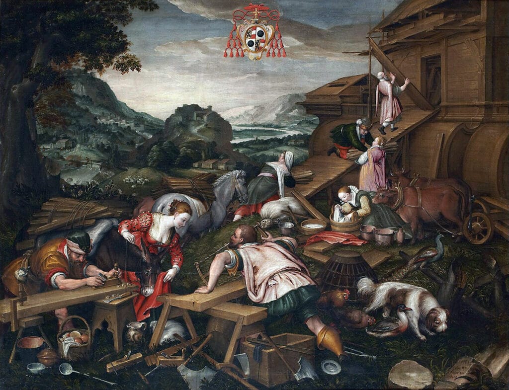 Escena renacentista de la construcción del Arca de Noé con trabajadores, herramientas y animales.