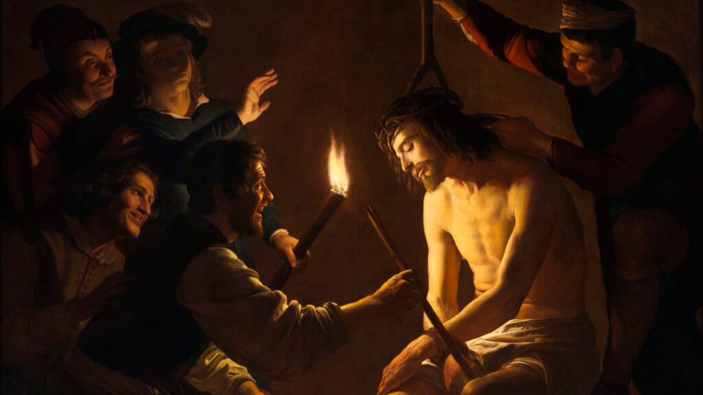 Cristo burlado y coronado de espinas en una pintura de Gerard van Honthorst.