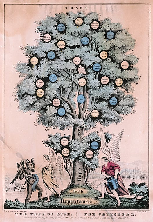 Representación cristiana del Árbol de la Vida como símbolo de salvación y vida eterna.