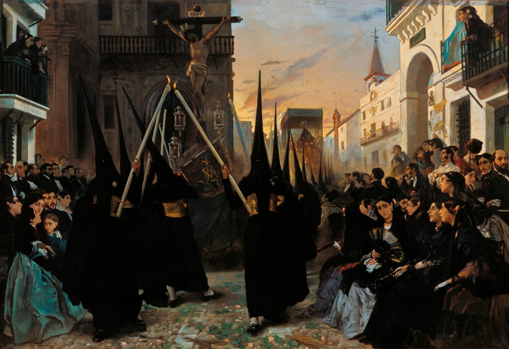 Cofradía en procesión por la calle Génova de Sevilla, pintura de Alfred Dehodencq.