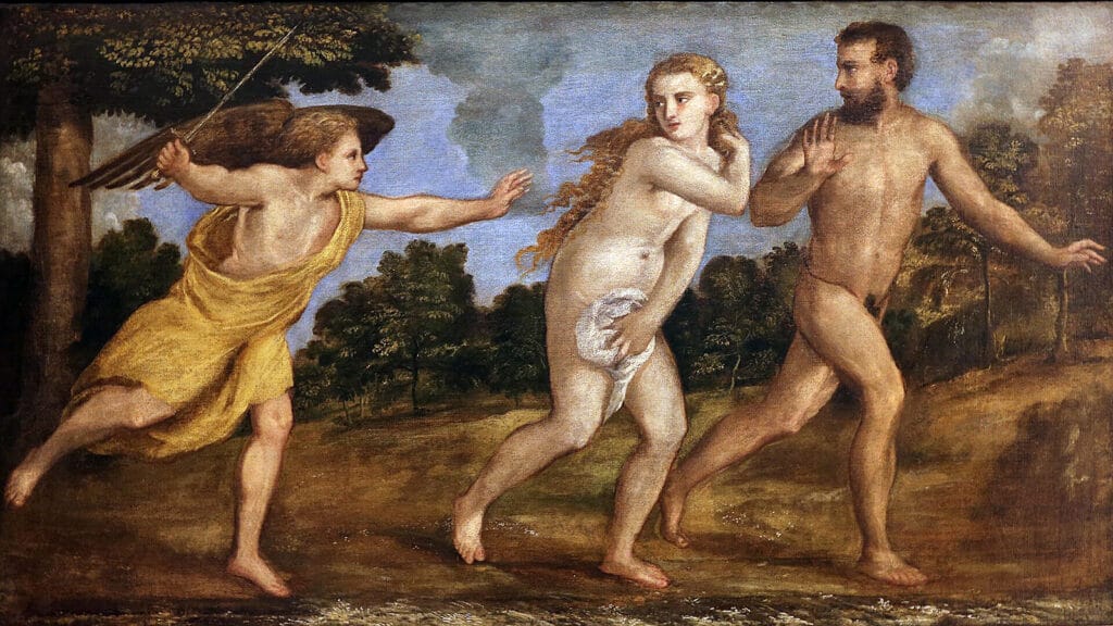 Adán y Eva expulsados del Jardín del Edén tras comer el fruto prohibido.