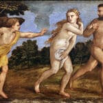 Adán y Eva expulsados del Jardín del Edén tras comer el fruto prohibido.