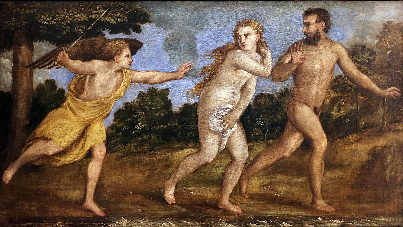 Adán y Eva expulsados del Jardín del Edén tras comer el fruto prohibido.